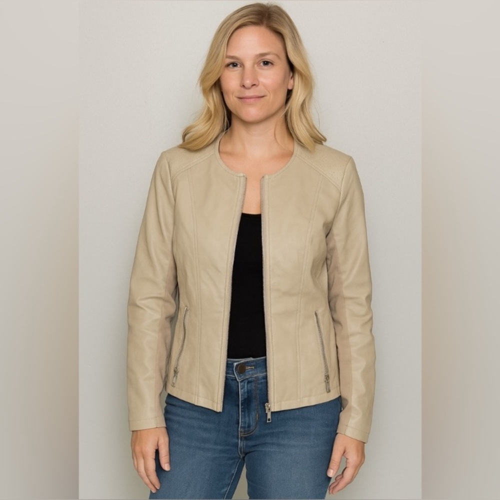 Kenneth Cole Reaction faux leather Moto, jacket, size small, natural tan